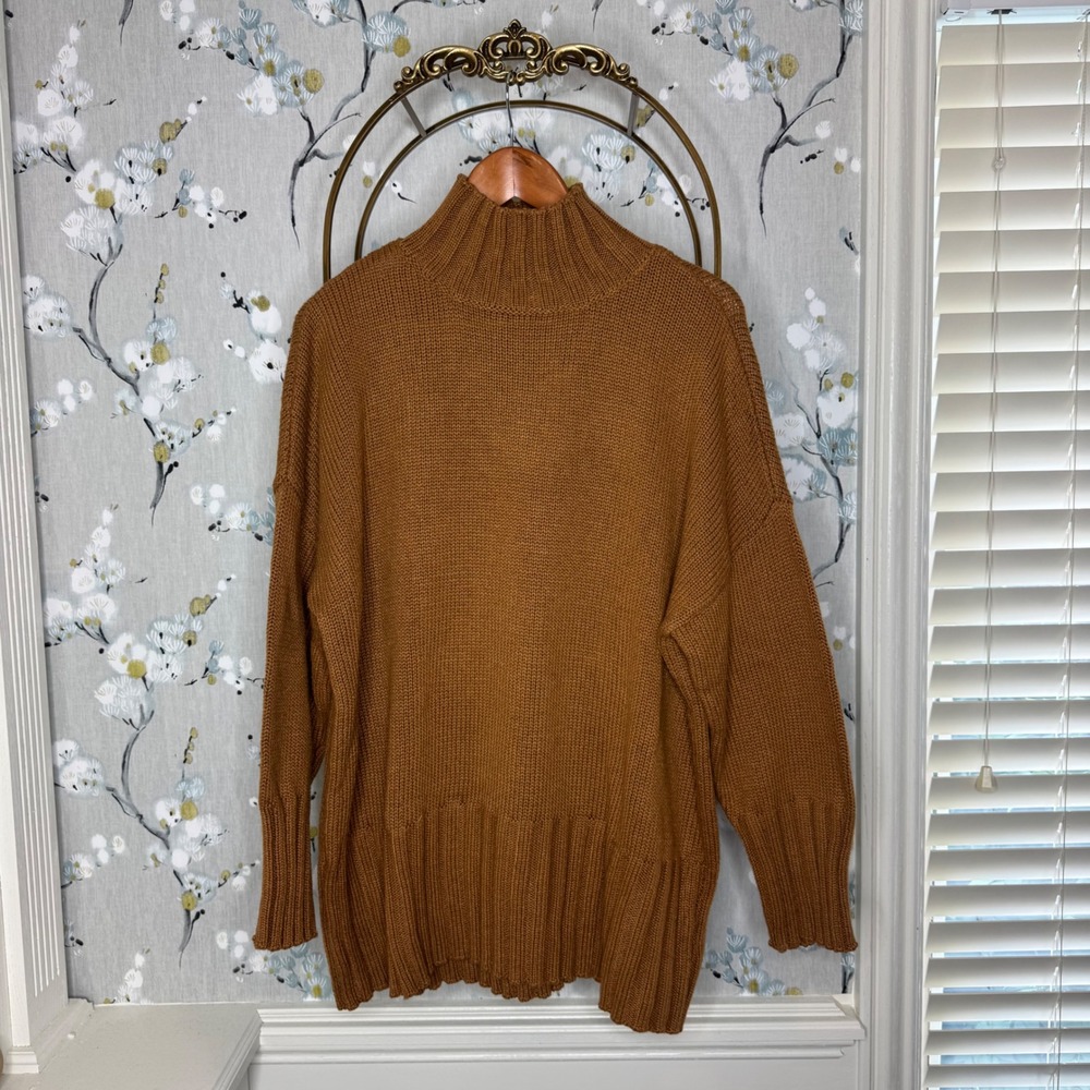 Free Assembly Womens Brown Oversized Mock Neck Ribbed Knit Sweater Large